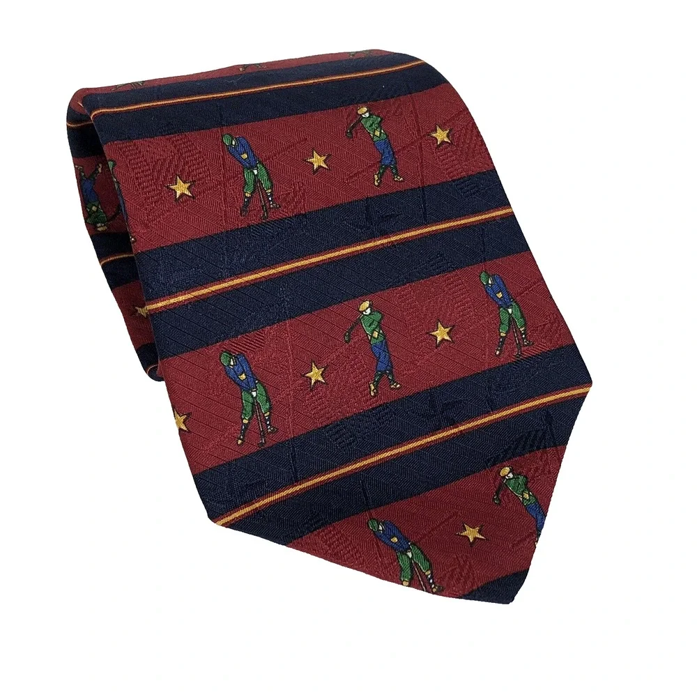 Tommy Hilfiger Golf Tie, Navy Blue Burgundy Silk Preppy Dadcore Blokecore Retro
